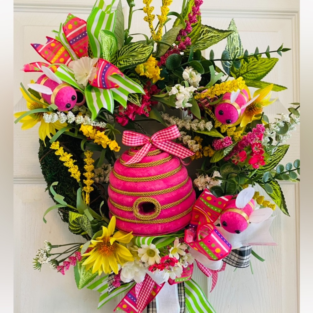Handmade Whimsical Spring/Summer Wreath, Moss Wreath,Pink Beehive Wreath
